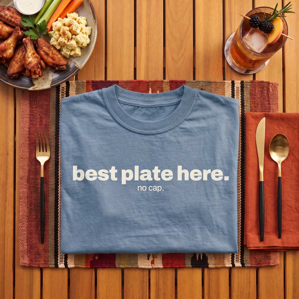 best plate here no cap, garment-dyed heavyweight bbq shirt from bbq blvd