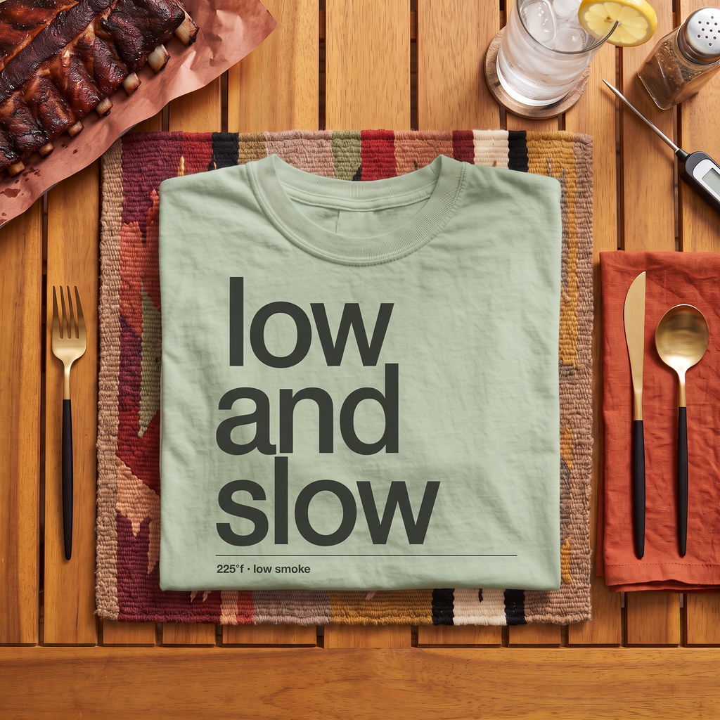 low and slow is a way of life, garment-dyed heavyweight bbq shirt from bbq blvd