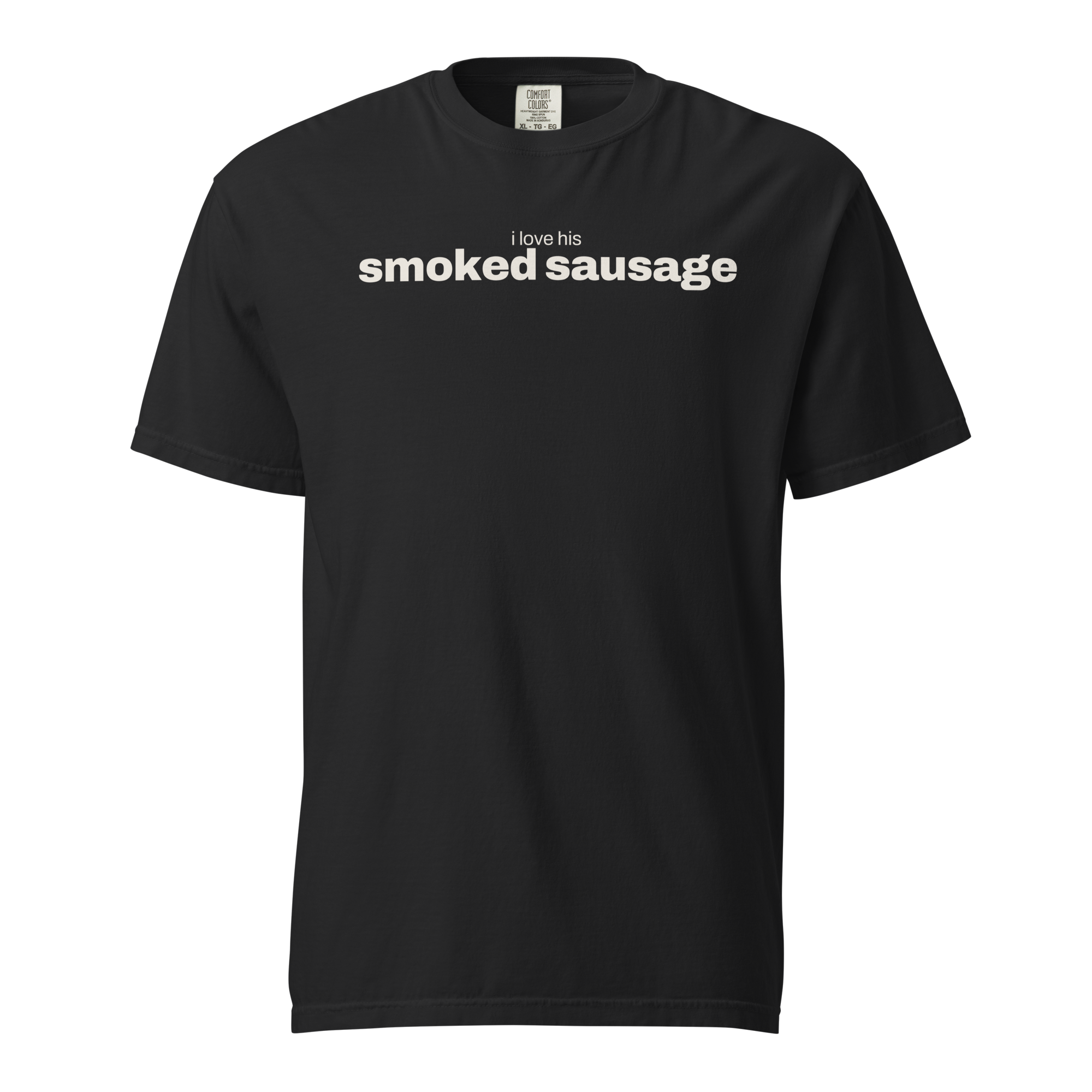 i love his smoked sausage, black garment-dyed heavyweight bbq shirt from bbq blvd