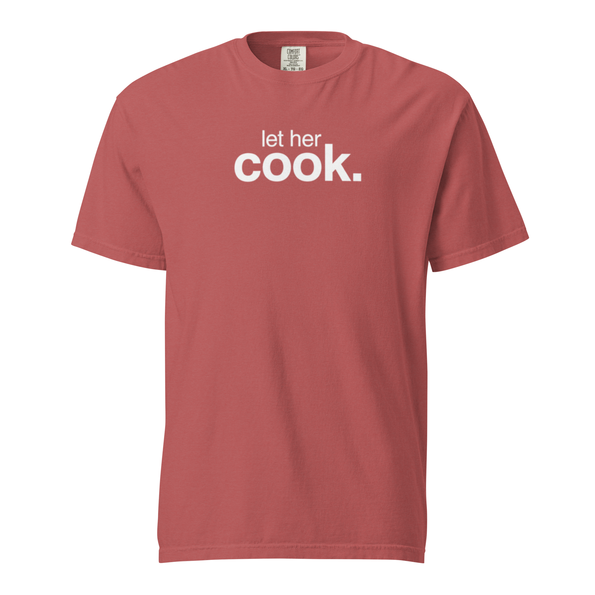 let her cook, crimson garment-dyed heavyweight bbq shirt from bbq blvd