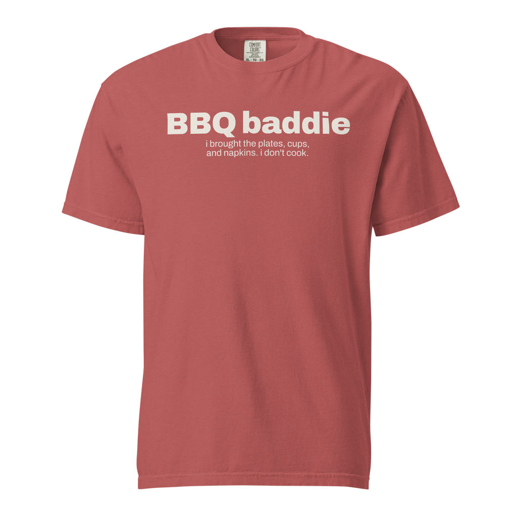 bbq baddie, crimson garment-dyed heavyweight bbq shirt from bbq blvd
