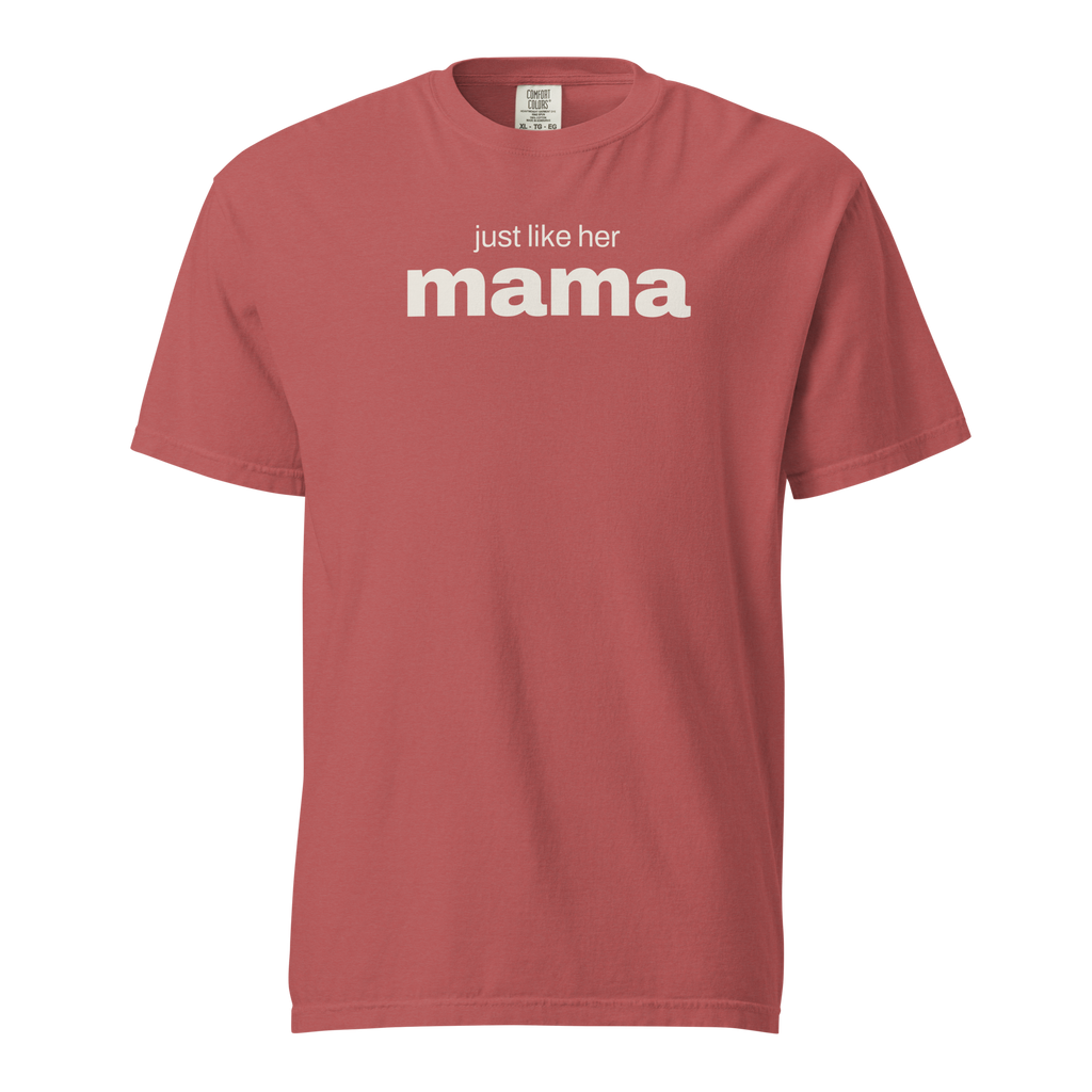 just like her mama, crimson garment-dyed heavyweight bbq shirt from bbq blvd