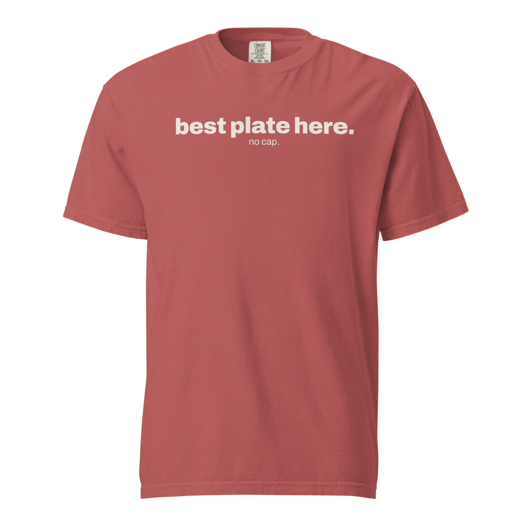 best plate here no cap, crimson garment-dyed heavyweight bbq shirt from bbq blvd