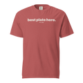 best plate here no cap, crimson garment-dyed heavyweight bbq shirt from bbq blvd