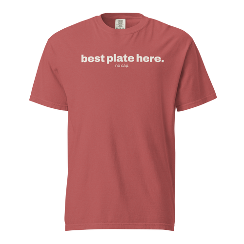 best plate here no cap, crimson garment-dyed heavyweight bbq shirt from bbq blvd