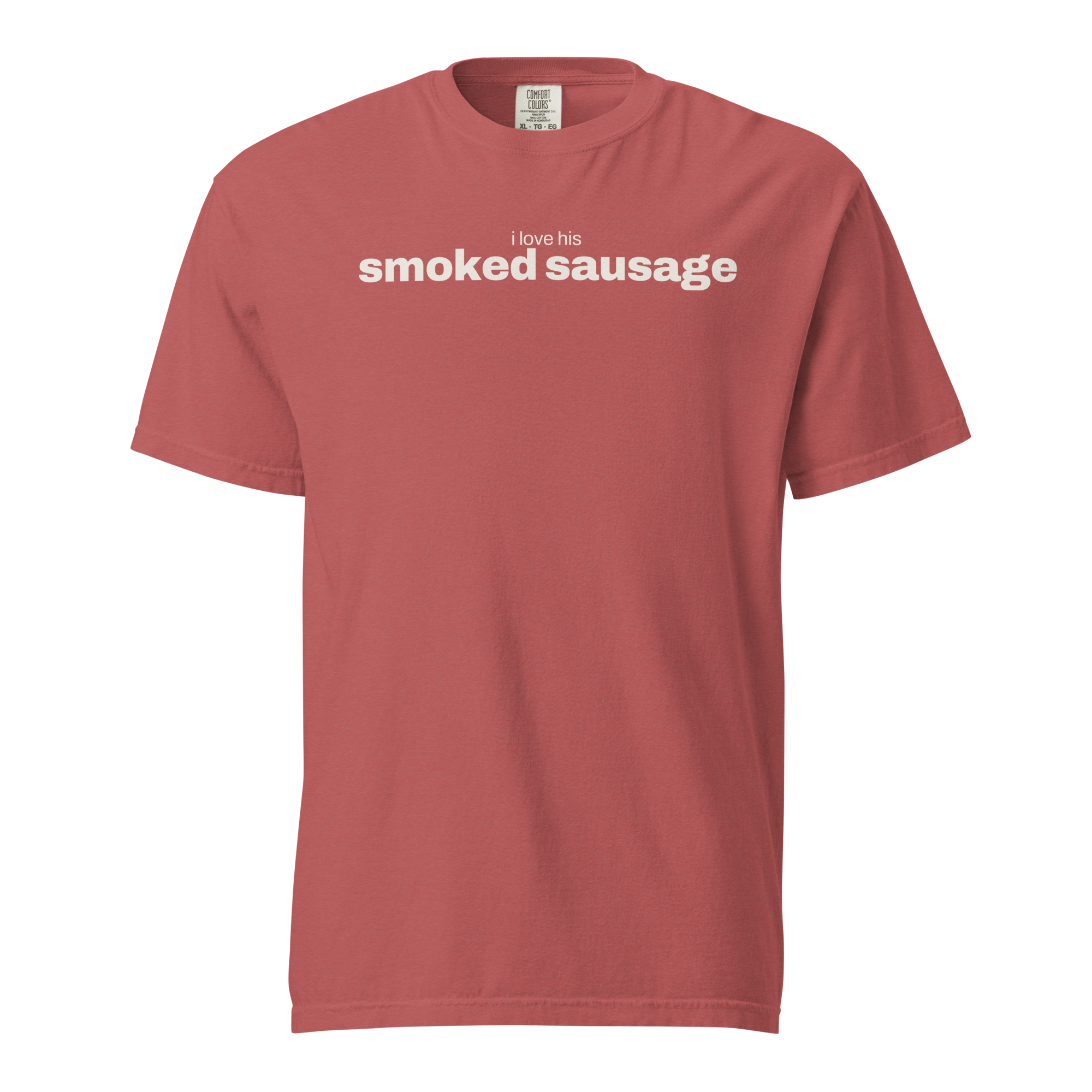i love his smoked sausage, crimson garment-dyed heavyweight bbq shirt from bbq blvd
