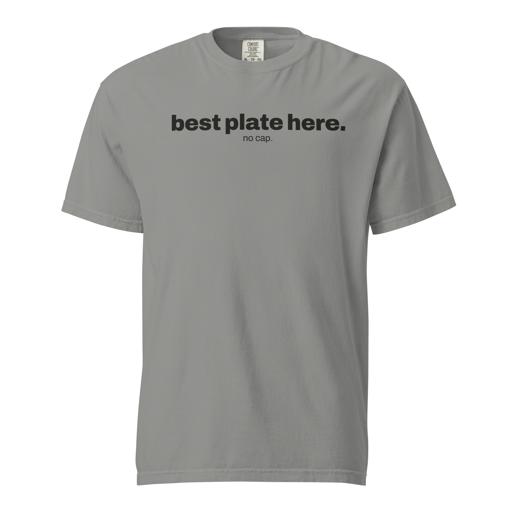 best plate here no cap, grey garment-dyed heavyweight bbq shirt from bbq blvd
