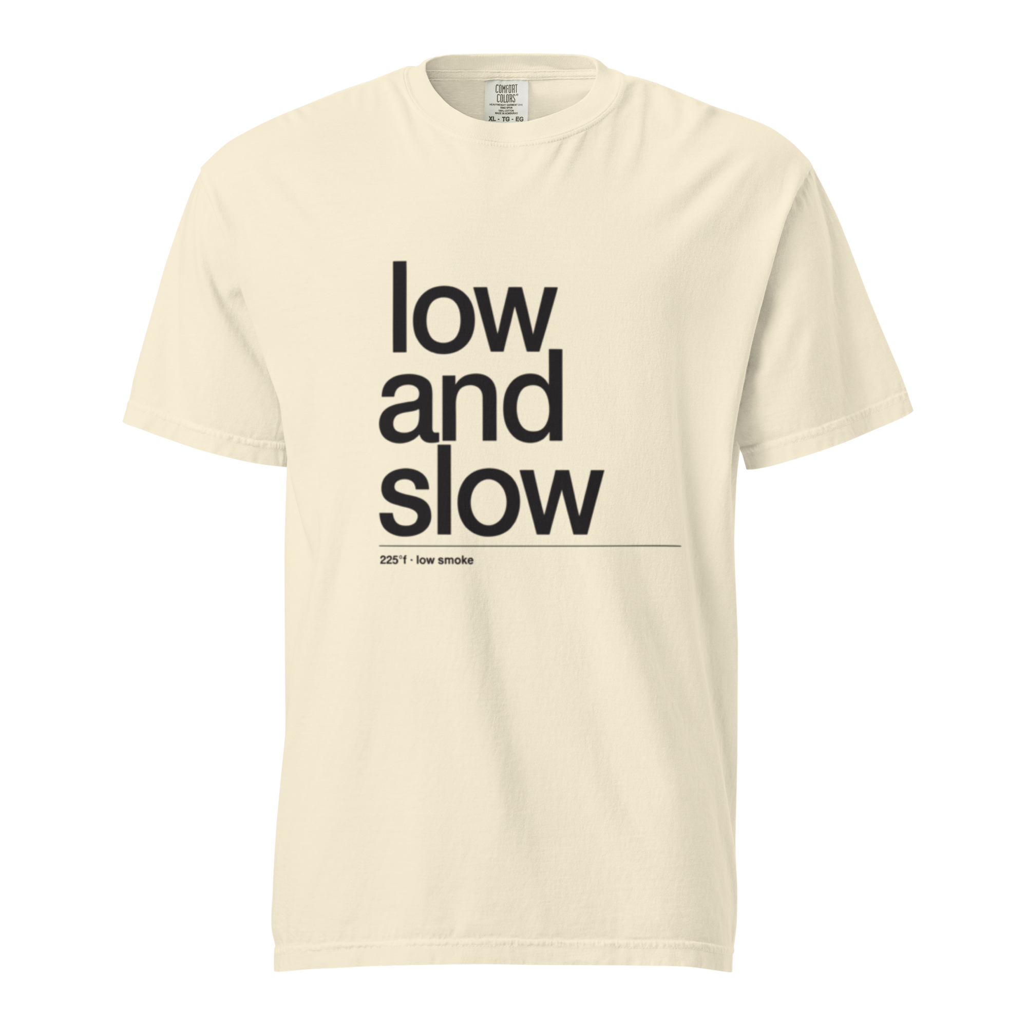 low and slow is a way of life, ivory garment-dyed heavyweight bbq shirt from bbq blvd