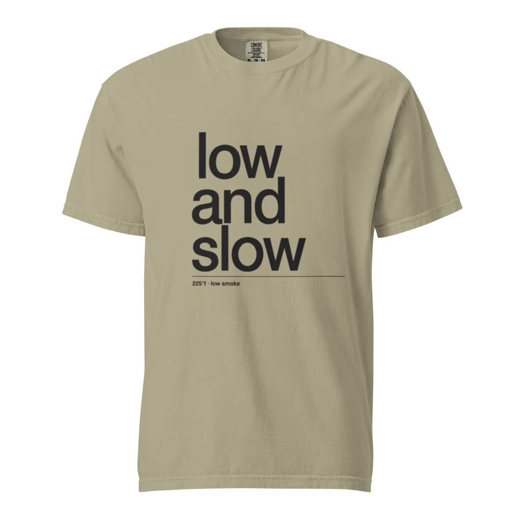 low and slow is a way of life, khaki garment-dyed heavyweight bbq shirt from bbq blvd