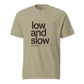 low and slow is a way of life, khaki garment-dyed heavyweight bbq shirt from bbq blvd