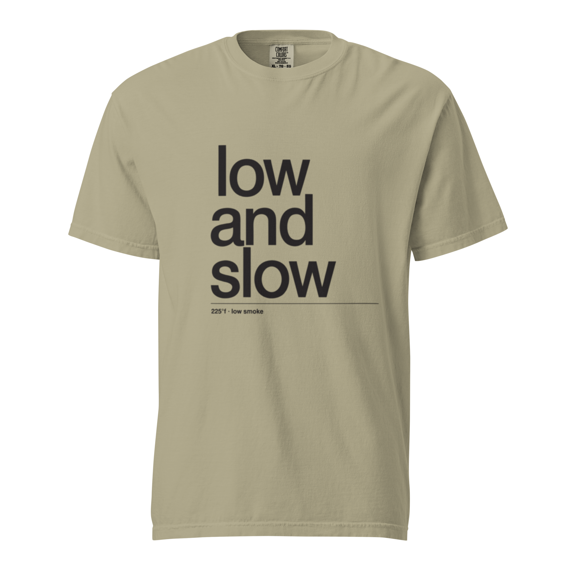 low and slow is a way of life, khaki garment-dyed heavyweight bbq shirt from bbq blvd
