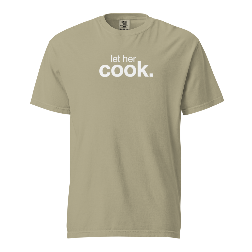 let her cook, khaki garment-dyed heavyweight bbq shirt from bbq blvd