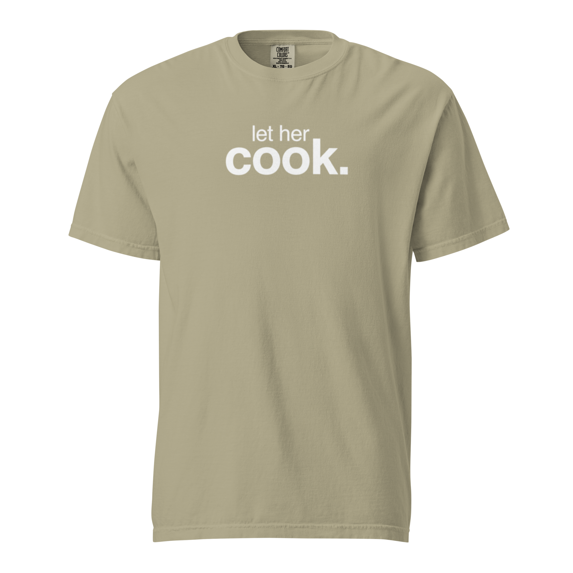 let her cook, khaki garment-dyed heavyweight bbq shirt from bbq blvd