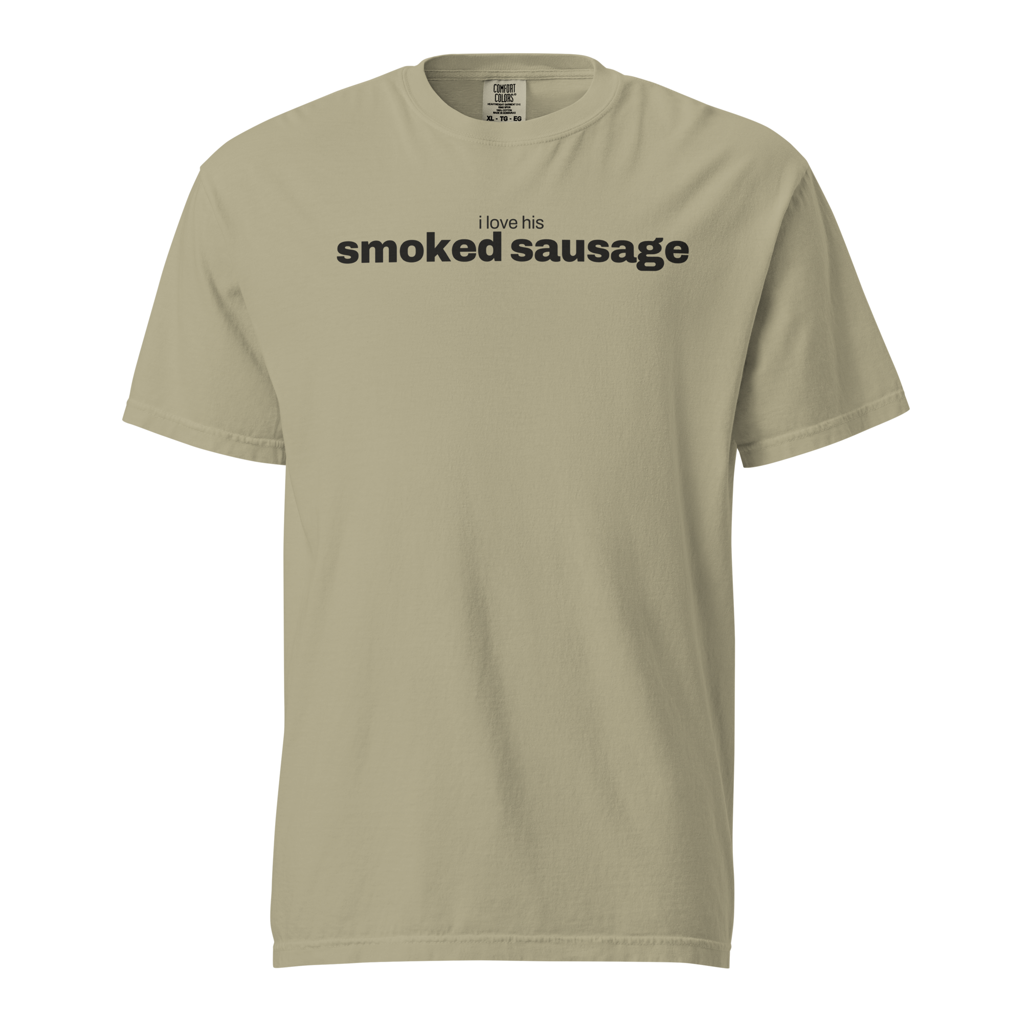 i love his smoked sausage, khaki garment-dyed heavyweight bbq shirt from bbq blvd