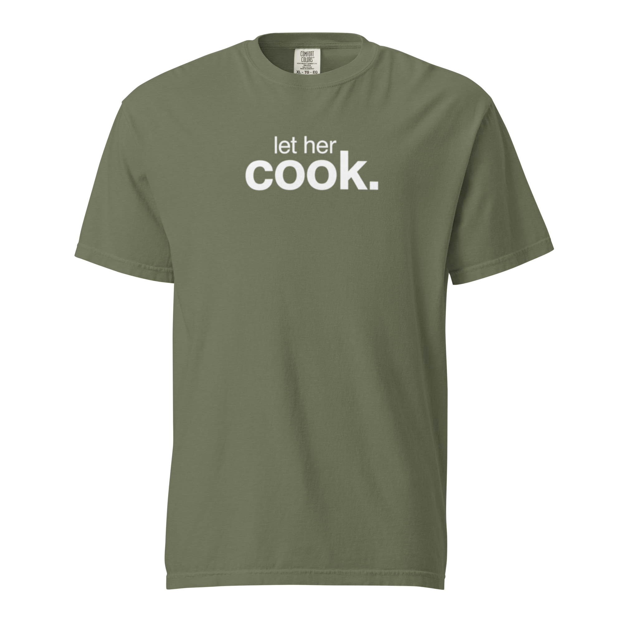 let her cook, moss garment-dyed heavyweight bbq shirt from bbq blvd