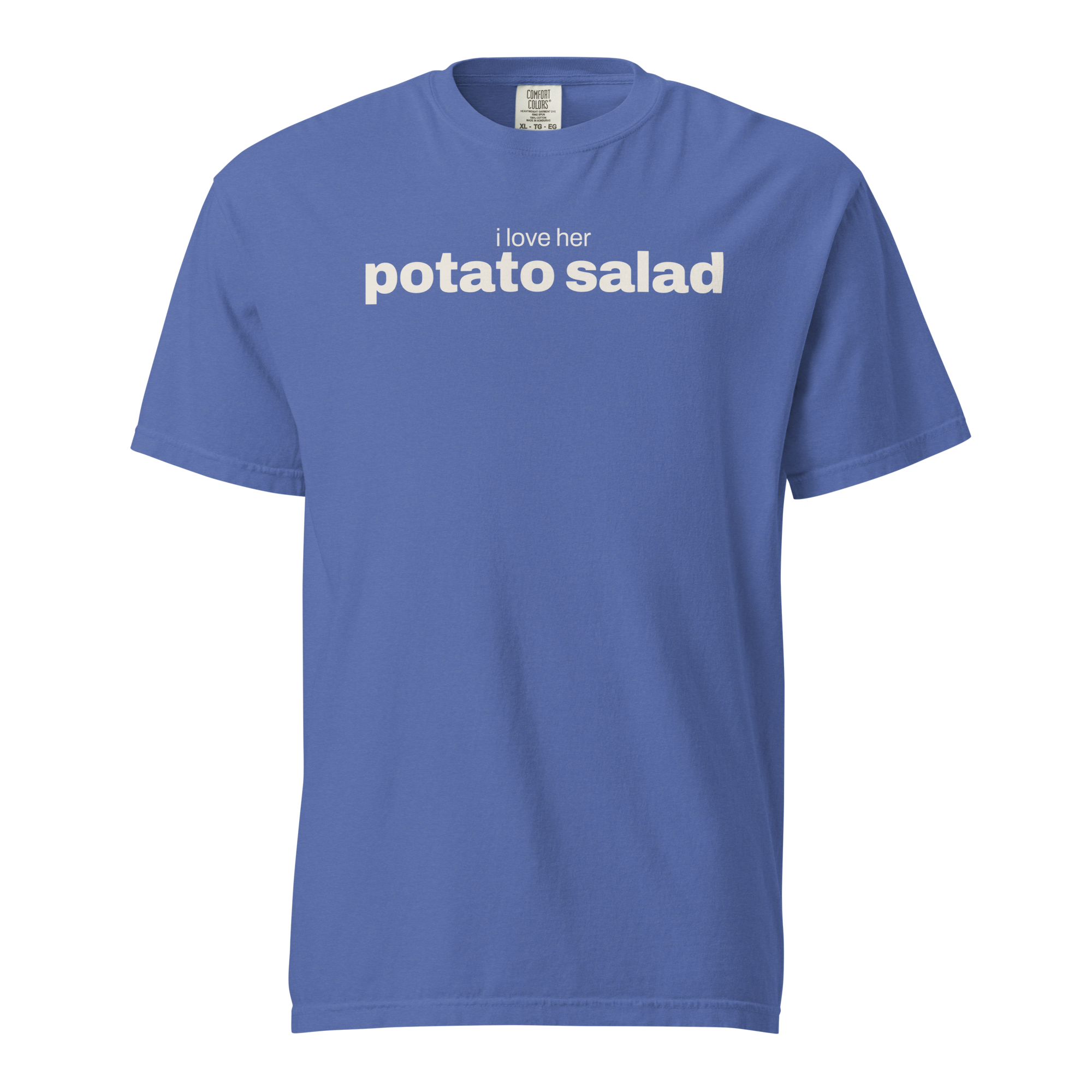 i love her potato salad, mystic blue garment-dyed heavyweight bbq shirt from bbq blvd