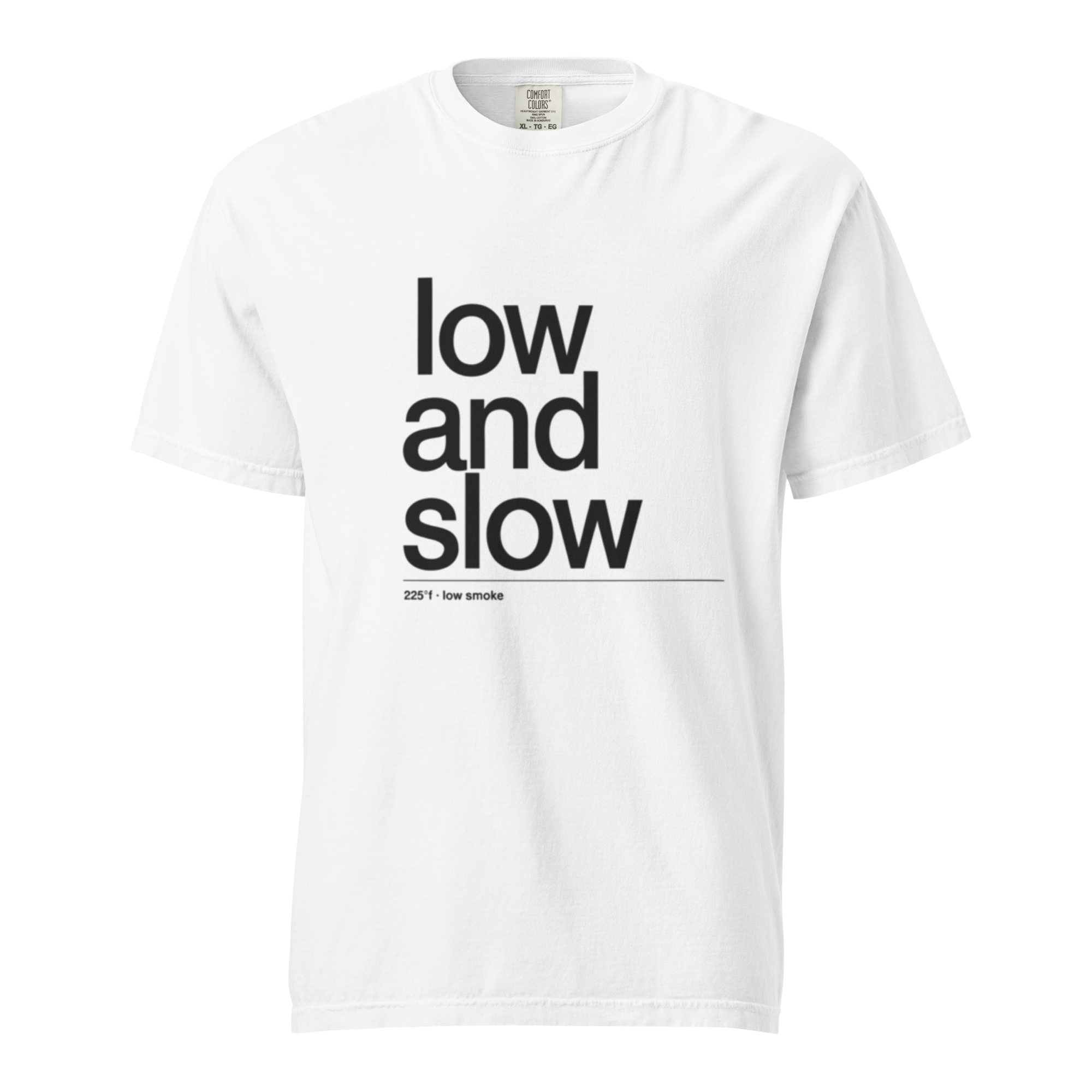 low and slow is a way of life, white garment-dyed heavyweight bbq shirt from bbq blvd