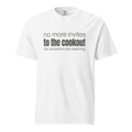 no more invites to the cookout, white garment-dyed heavyweight bbq shirt from bbq blvd