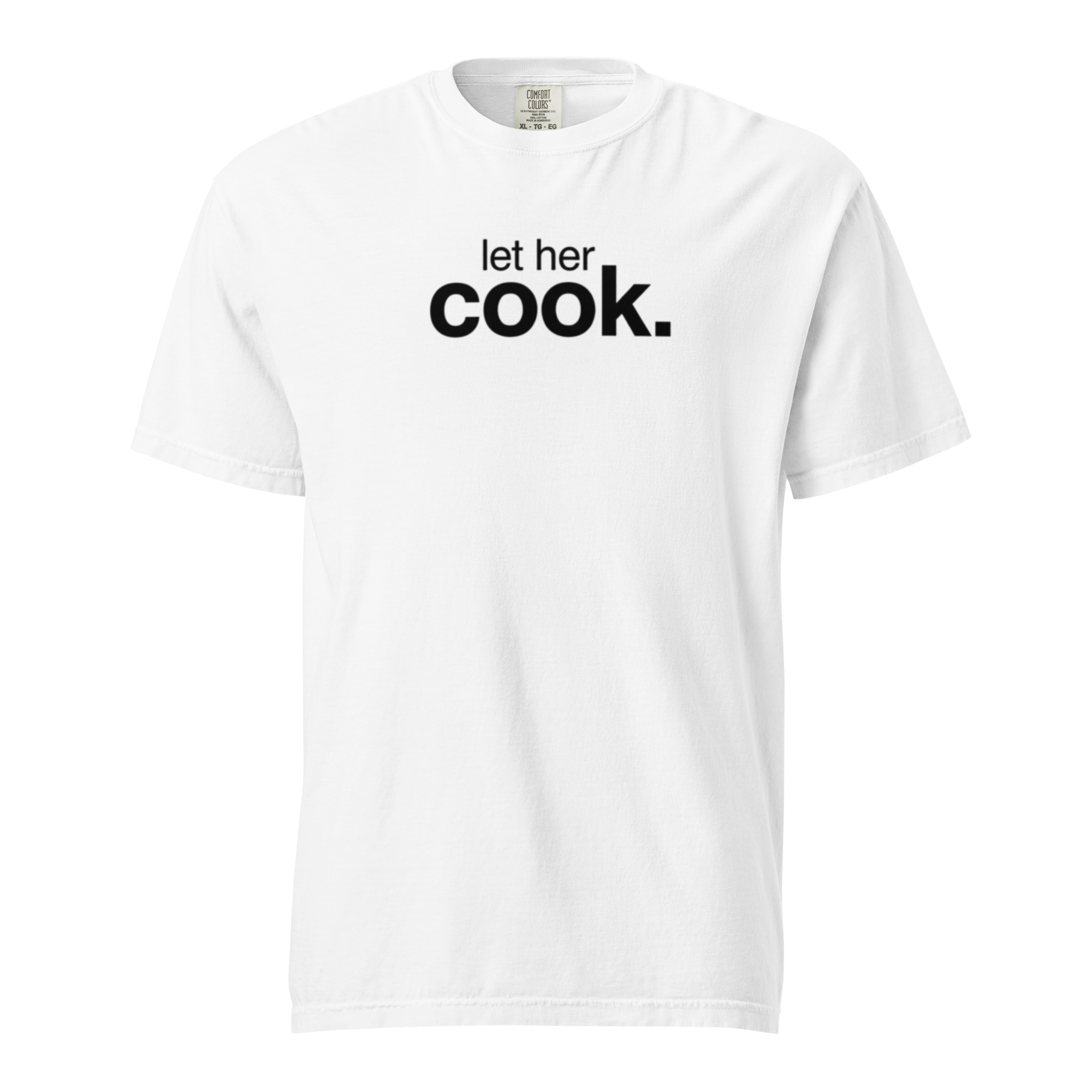 let her cook, white garment-dyed heavyweight bbq shirt from bbq blvd