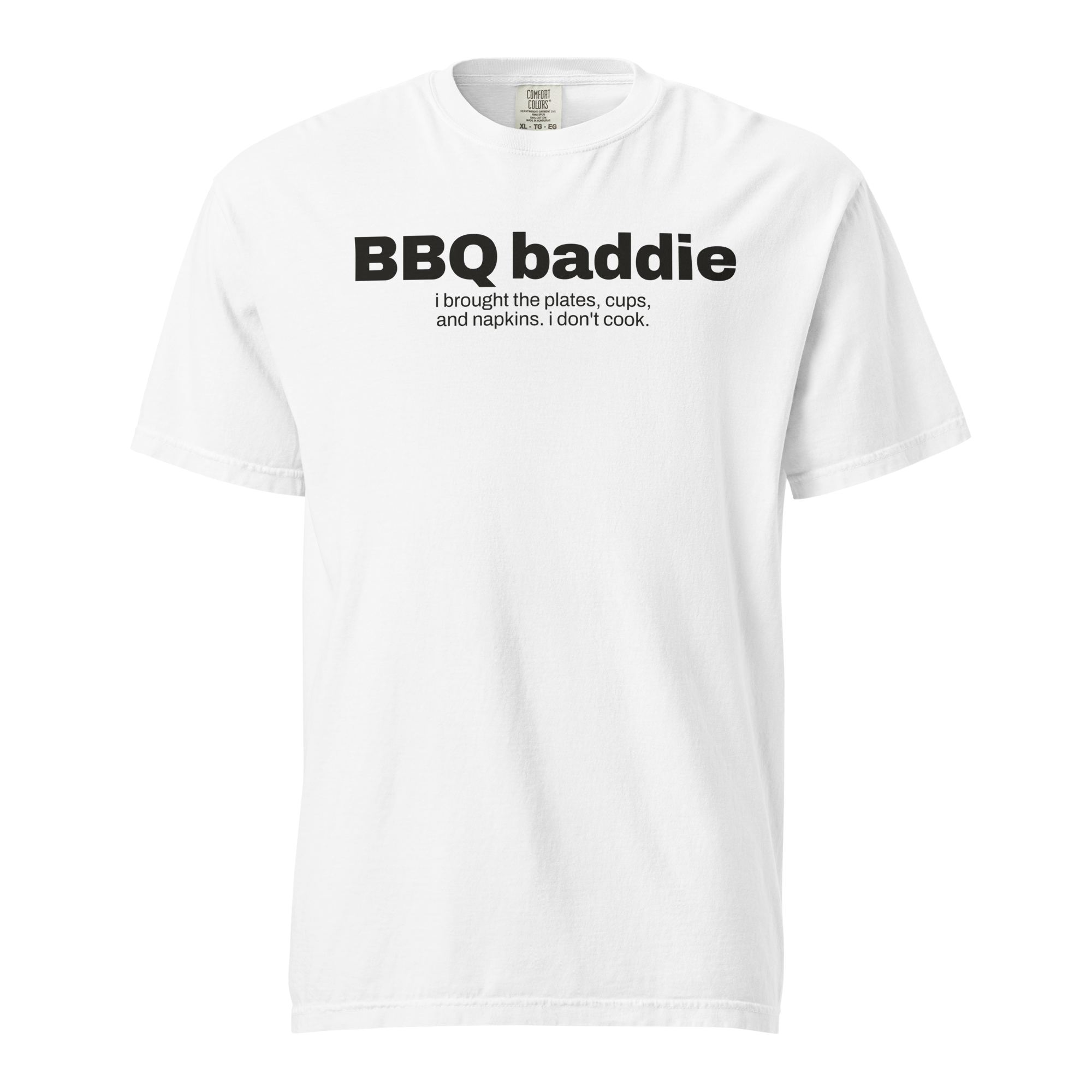 bbq baddie, white garment-dyed heavyweight bbq shirt from bbq blvd