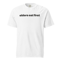 elders eat first, white garment-dyed heavyweight bbq shirt from bbq blvd