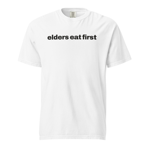 elders eat first, white garment-dyed heavyweight bbq shirt from bbq blvd