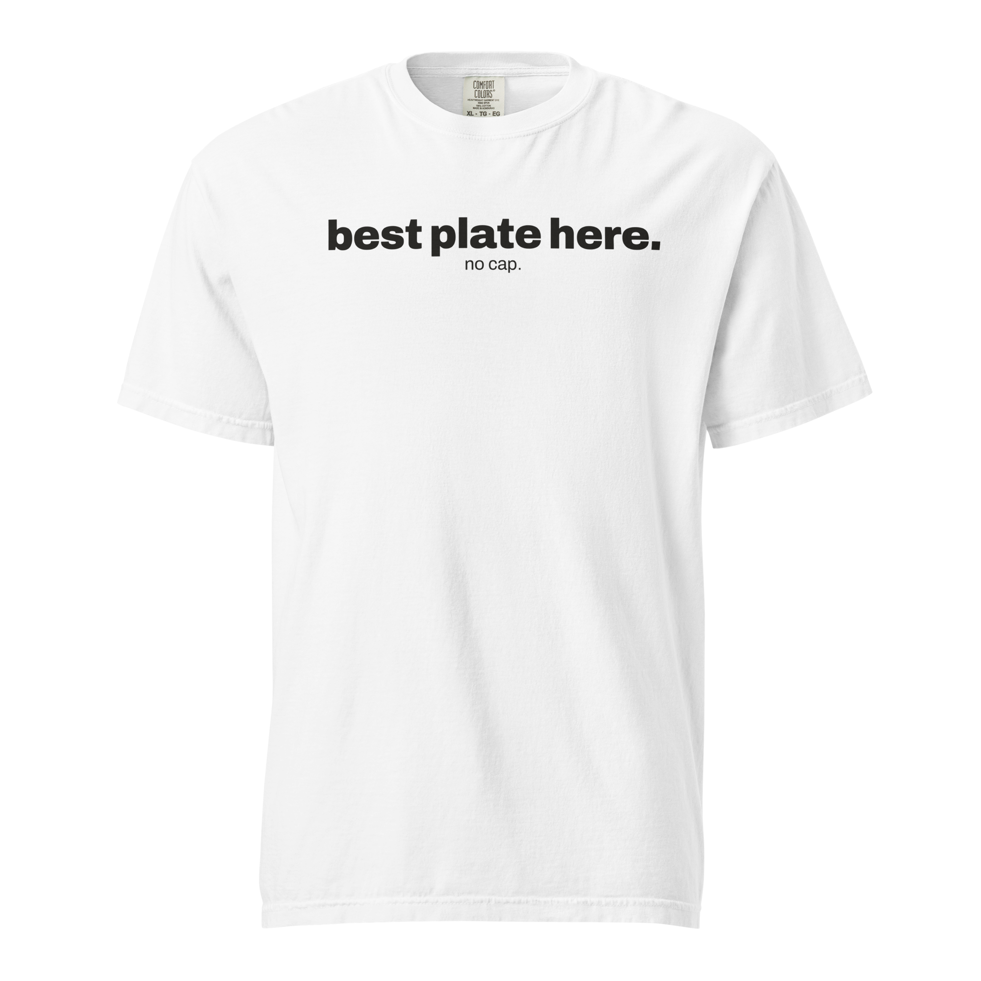 best plate here no cap, white garment-dyed heavyweight bbq shirt from bbq blvd