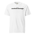 i love his smoked sausage, white garment-dyed heavyweight bbq shirt from bbq blvd